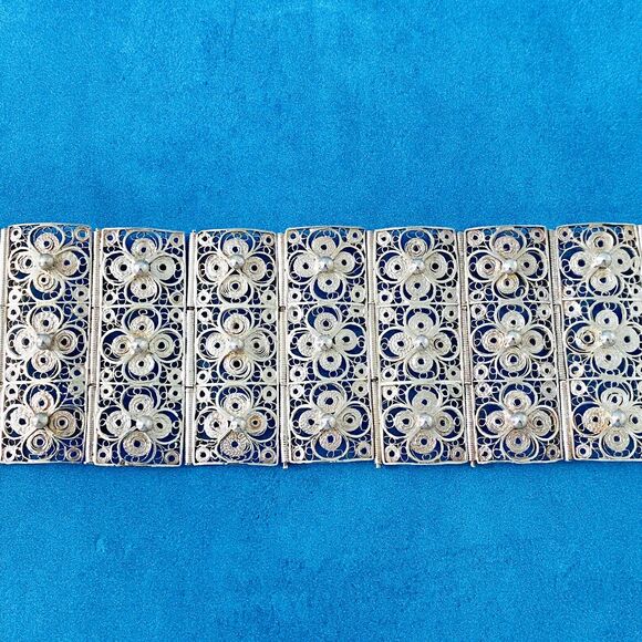 Vintage Wide Filigree Silver Bracelet Intricate Tile Design 1 3/4" W 7" L - Picture 2 of 9